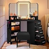 YITAHOME Corner Vanity Desk Set with Tri-Fold Mirror and Adjustable Light Strips, Makeup Table with Stool, 5 Drawers, 3 Light Settings, and Open Shelves for Women