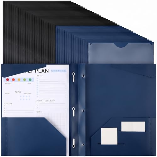 48 Plastic Folders with 3 Prongs Bulk, Navy Blue,Black
