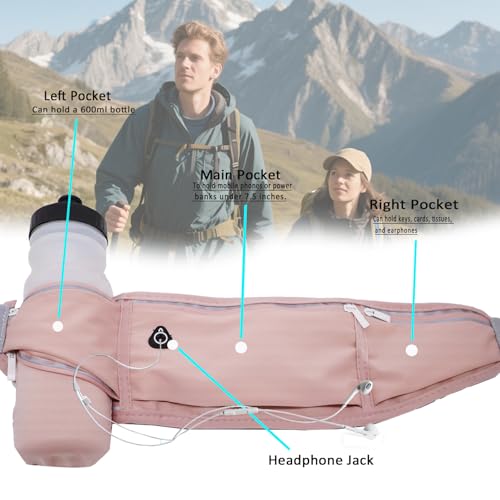 MOVOYEE Fanny Pack with Water Bottle Holder, 3 Pocket Hydration Running Belt for Phone Pouch Hiking Walking Runners GYM Sports Travel Hip Bum Bags, Crossbody Slim Waist Bag for Women Girls Kids Pink