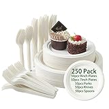 kistou 250PCS Compostable Paper Plates Set, Biodegradable Heavy Duty Plates and Utensils, Eco Friendly Disposable Cutlery, include 9 Inch 7 Inch Paper Plates Forks, Knives and Spoons for Party