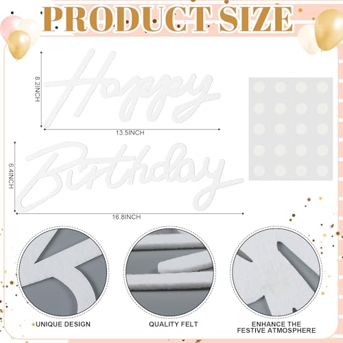 RoundFunny White Happy Birthday Sign for Backdrop Felt Happy Birthday Banner for Balloon Arch Letters Party Decal Decor Backdrop Wall Decor for Baby Shower Photo Prop Gender Reveal