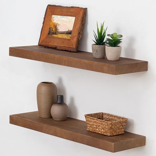 Axeman Natural Wood Floating Shelves for Wall Mounted 24 Inch Rustic Farmhouse Wall Shelves for Bathroom Bedroom Kitchen Living Room Decor Distressed Wooden Shelf|Set of 2, Weathered Walnut