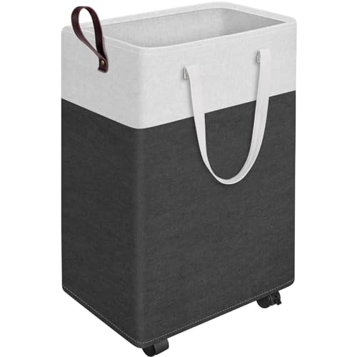 Image of EpicTotes 25.2-Inches Rolling Slim Laundry Basket on Wheels, Collapsible & Waterproof Laundry Hamper, Freestanding Narrow Corner Clothes Bins with Easy Carry Handles for Clothes at Home, Grey