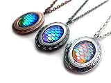 Mermaid Dragon Scale Oval Locket Necklace – Holds 2 Photos – Blue, Purple, Rainbow, or Red – 3 Metal Finishes – Optional Glow in the Dark - Little Gem Jewelry