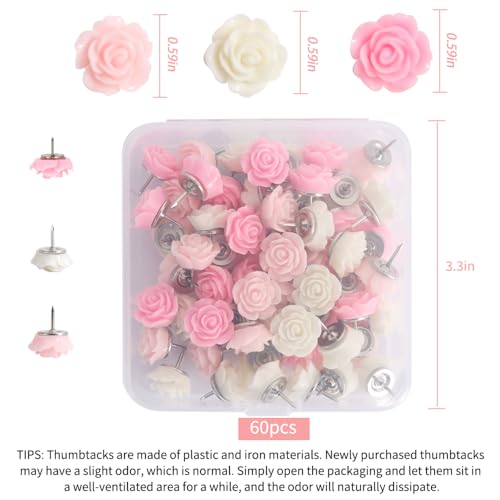 Image of Vuzvuv 60 Pcs White and Cream Pink Rose Flower Push Pin with Gradient Color for Bulletin Board,Decorative Cute Thumbtacks Floret Flower Pins for School, Office