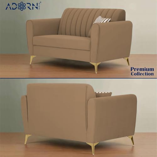 Image of Adorn India Premium Luster 3-2-1 Sofa Set | Velvet Suede Fabric | 3-Year Warranty | Color Camel with Golden Legs & Striped Pattern Cushion
