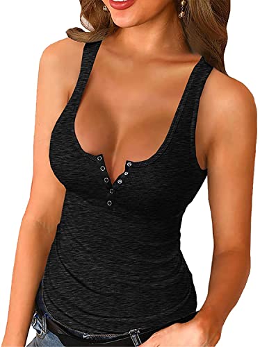 Womens Scoop Neck Henley Tank Tops Low Cut Solid Sexy Summer Sleeveless Button Down Shirts