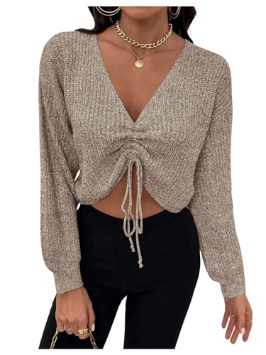WDIRARA Women's Drawstring V Neck Sweater Long Sleeve Pullover Knit Crop Top
