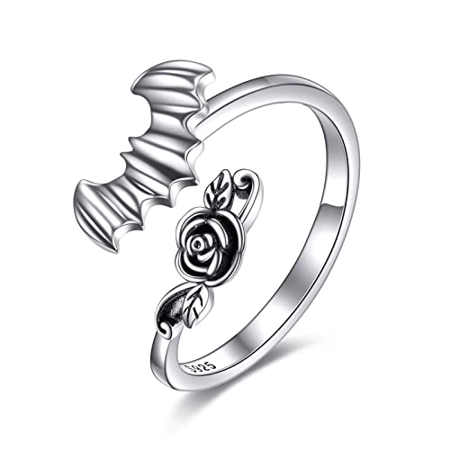 Mongas Rose Flower Bat Ring Sterling Silver Adjustable Wrap Open Rings Jewelry Gifts For Women Girls #TOP14