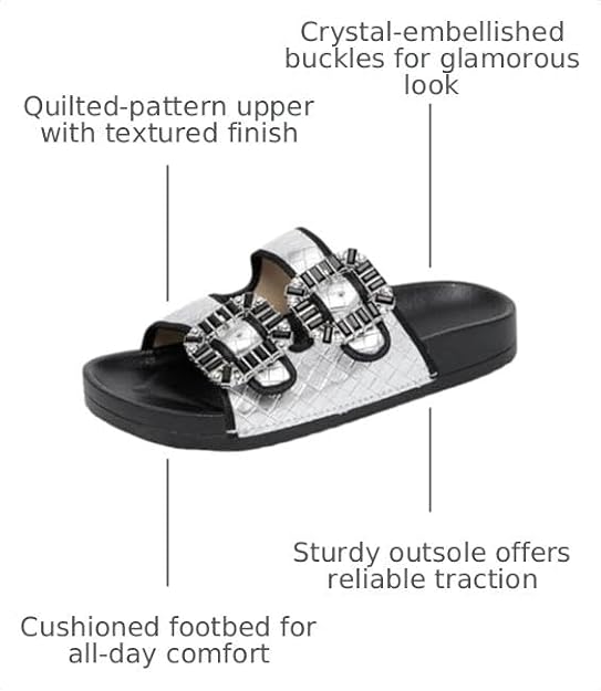Women's Crystal Buckle Slides Silver Quilted Pattern Double Strap Comfort Sandals Black