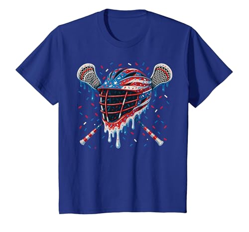 Patriotic American Flag Lacrosse Ice Cream Drip Lax Boys T-Shirt, Youth, Royal Blue, Large