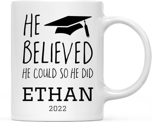 11oz Graduation Coffee Mug, He Believed He Could So He Did, Grad Cap Graphic, Custom Name Ethan 2023,1-Pack