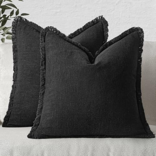 Image of MIULEE Boho Linen Fringe Decorative Euro Throw Pillow Covers Black 24x24
