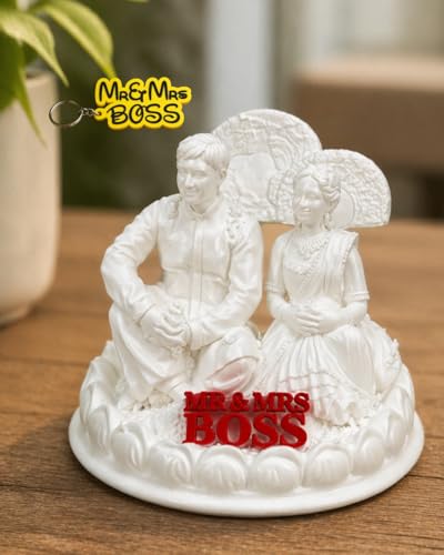 Image of Customized 3D Couple Statue from Photo | Wedding Personalized Miniature Figurine + Free Name Keychain (White, 20 CM)