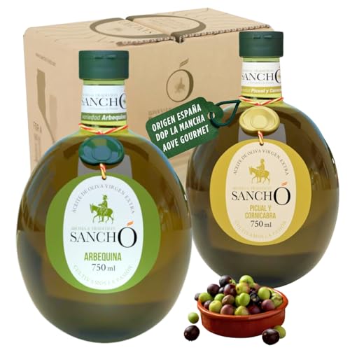 Aceite De Oliva Virgen Extra Duo Degustación Gourmet Variedades Premium Arbequina + Picual con Cornicabra 2x 750ml AOVE SANCHO Origen España Presado En Frío Cosecha Temprana - Botella PET Alimentario