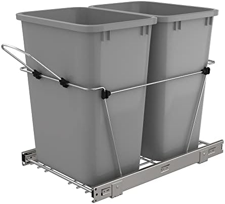 Rev-A-Shelf RV-18KD-17C S Double 35 Quart Heavy-Gauge Wire Sliding Pull-Out Kitchen Cabinet Garbage Trash Recycling Waste Containers Cans Bins, Silver