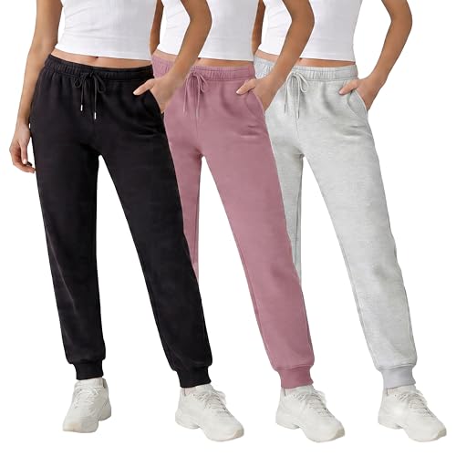 Common Stitch 3 Pack Fleece Joggers for Women Deep Pockets Slim Fit Elastic Drawstring Waist