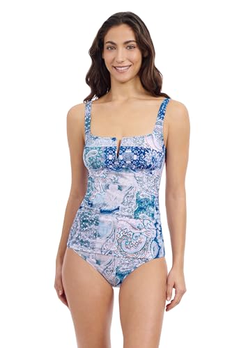 Profile by Gottex Women's Blue Multi Paisley Print Round Neck U Wire Shirring Tankini with Soft Cups and Adjustable Straps
