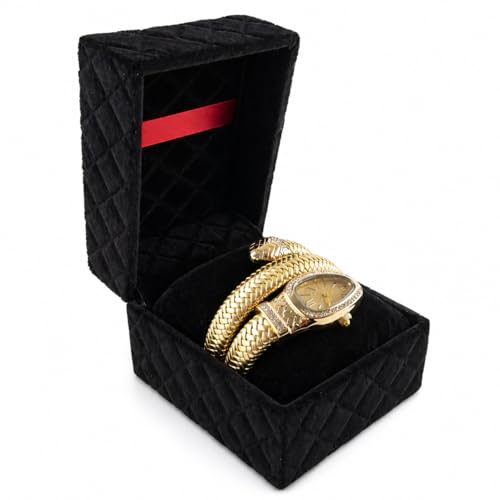 Image of Snake Wrap Watch for Women | Gold Plated Stainless Steel Bracelet Watch | Brown Leather Strap | Quartz Analog | Crystal Accent Dial