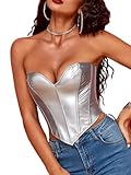 SOLY HUX Women's Lace up Boned Overbust Corset Tube Top Strapless Bustier Lingerie Bodyshaper Tops Plain Silver L