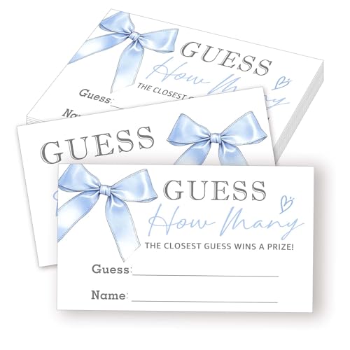 50pcs Blue Bow Guess How Many Cards, Bridal Baby Shower Game, 3.5 x 2 Inches, Games Activities and Decorations for Birthday Party Bridal Shower Wedding-A06