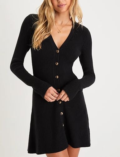 Bozanly Women's Elegant Deep V Neck Long Sleeve Button Front Ribbed Knit Mini Dress Sexy Sweater Dresses2