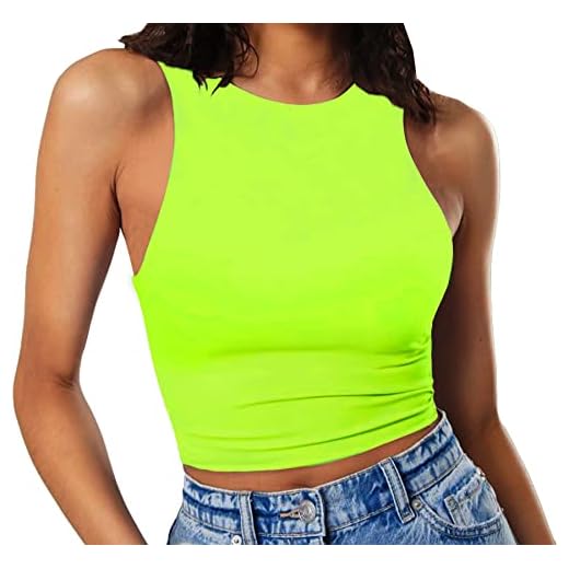 Artfish Women's Sleeveless Cropped Shirts High Neck Stretchy Fitted Basic Crop Tank Top (Neon Lime, M)