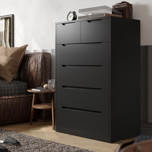 EnHomee 6 Drawers Dresser for Bedroom, Modern Chest of Drawers, Black Dresser with Large Organizer, Deep Drawer and Smooth Metal Rail, Black