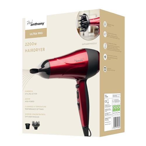 Paul Anthony Ultra Pro 2200W Hair Dryer / 3 Heat Settings / 2 Speed Settings/Cool Shot/Concentrator Nozzle/Diffuser/Hang Up Loop/Safety Cut-Off - Hot Red - H1520RD