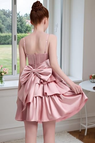 Satin Short Flower Girl Dress with Bowknot for Wedding Spaghetti Strap Party Homecoming Dresses for Teen Girls2