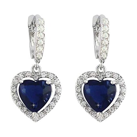 SELOVO Love Heart Hoop Drop Earrings Lever Back Navy Blue Sapphire Color Zircon Silver Tone Cover