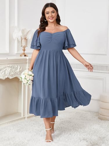Image of SCOMCHIC Womens Plus Size Wedding Guest Cocktail Dresses Sweetheart Neckline Short Sleeve Smocked Ruffle Slit Maxi Dress