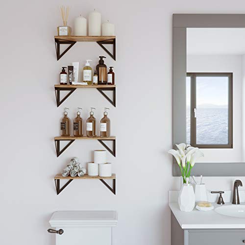 Wallniture Minori Floating Shelves Set of 4, Small Bookshelf Unit for Bedroom, Office, Bathroom, and Living Room, Natural Burned Rustic Wood Wall Decor with Metal Floating Shelf Bracket - Image 6