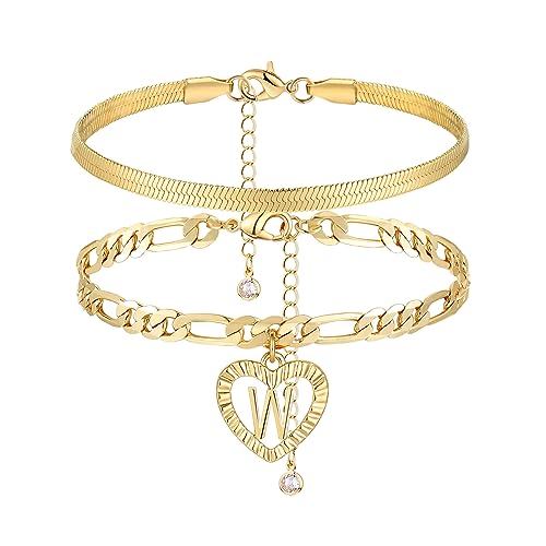 Image of YANODA Gold Ankle Bracelets for Women Waterproof, 14k Gold Plated Layered Snake Anklets Figaro Chain Letter Initial Anklets Handmade Heart Ankle Bracelets Personalized for Women Beach Jewelry Gifts