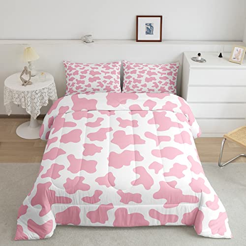 Kid Cartoon Bedding Set Pink Cow Print Down Comforter Full,Milk Cow Animal Cowhide Comforter Set Western Animals Bed Quilt for Toddler Teen Boys Girls Farmhouse Bull Cattle Kawaii Room Decor
