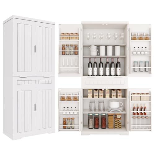Image of 72 inch Tall Kitchen Pantry Cabinet with Drawer & Adjustable Shelves,Farmhouse Versatile Modern Compact Pantry Storage Cabinet w /12 Door Shelves,Anti-Tip Safety Design for Small Kitchen,Dining Room