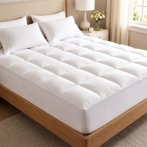 Premium Quilted 1000GSM Luxury Extra Thick Mattress Topper King Size Cooling Mattress Pad Overfilled Plush Cloud-Like Comfort Breathable 8-21 Deep Pocket (White Queen)