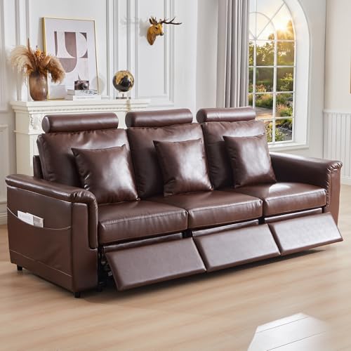 Image of RARZOE Manual 3-Seater Recliner Sofa, Faux Leather 3 Seat Reclining Couches with Headrest, Modern Comfy Recliner Sofa Set with 3 Recliner Chairs for Living Room Home Theater, Brown