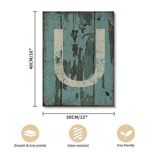 Lienzo de pared con letra U estilo monograma azul de grano de madera 2