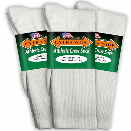 Extra Wide Athletic Crew Socks - Superior Stretch, Wide Foot, Ankle & Calf - 3 Pack, Up to 6E Width, Non-binding - USA - White, Large