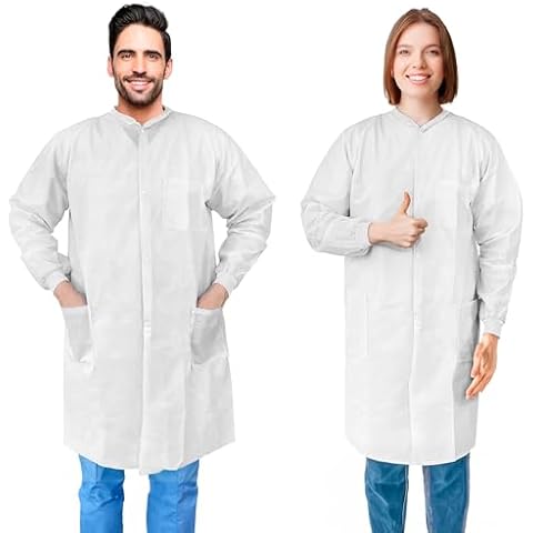 AMZ Medical Supply Disposable Lab Coats for Adults, Large. Pack of 10 White SMS Knee Length Lab Coat Disposable. 40 GSM Disposable Coats Medical. Painting Lab Coat with Cuffs, Collar, 3 Pockets Cover