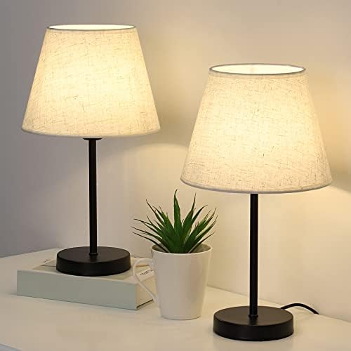 Shinoske Bedside Table Lamps Set of 2, Modern Lamps Small Desk Lamps for Bedroom, Living Room with Ivory White Barrel Fabric Shade & Metal Base,(Small Desk Lamps)