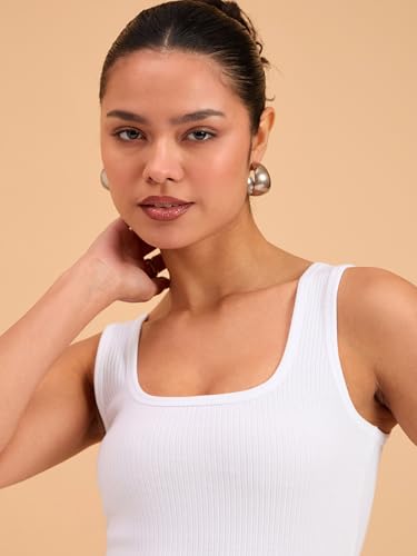 Image of barcino Beige Ribbed Square Neck Tank Top