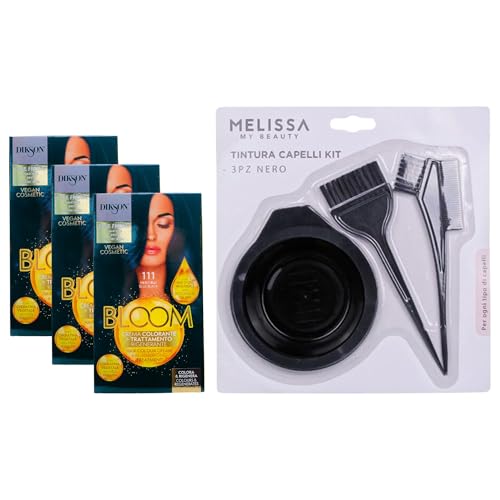 KIT PER TINTA: 3x Crema Colorante Per Capelli Con Trattamento Rigenerante BLOOM 111 NERO BLU, Con Mix Di Oli Biologici e Cheratina Vegetale, Senza Ammoniaca + Set Tinta Capelli Da 3pz