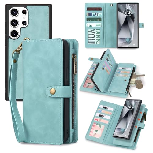 TwoHead for Samsung Galaxy S24 Ultra Wallet Case with Card Holder Detachable Magnetic Phone Case for S24 Ultra PU Leather All-Round Protective Phone Case Wallet with Wrist Strap Blue