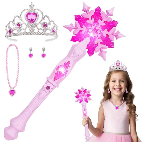 AUYAO Magique pour Enfants, 4pcs Baguette de Flocon de Neige Lumineuse Filles avec Musique, Baguette Magique Princesse avec Couronne, Collier, Boucles...