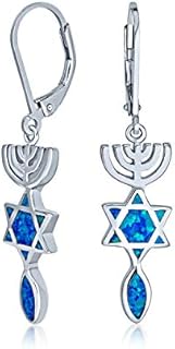 Created Blue Opal Religious Magen Judaic Jewish Hanukkah Menorah Star Of David Lever back Dangle Earrings For Women For Bat Mitzvah .925 Sterling Silver