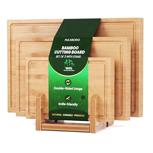 Bamboo Cutting Board Set of 3, Durable Wooden Chopping Boards with Distinctive Stand & Juice...