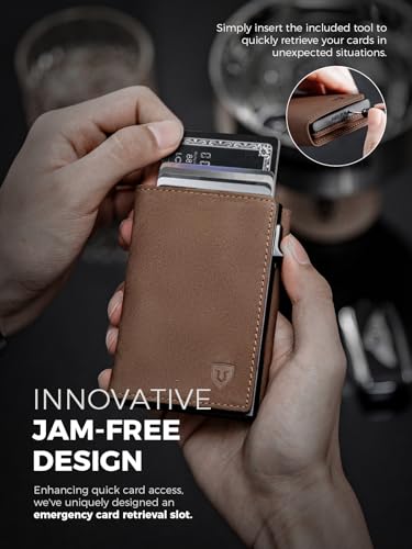 AirTag Wallet - Full Grain Leather Handcrafted, Minimalist Wallet for Men with Apple Air Tag Holder, RFID Blocking, Slim Smart Trifold Pop up Card Case, Front Pocket(AirTag Not Included)(Brown)