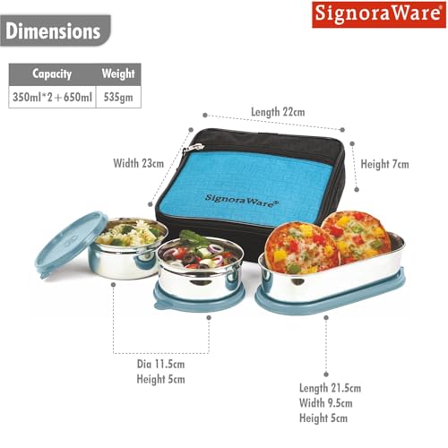 Image of SignoraWare Health Bite Stainless Steel Lunch Box | Airtight & Leakproof | Compact & Easy to Carry | Ideal for Meal Prep, Travel & Everyday Use (350ml x 2 + 650ml | Setof3 | EBlue)